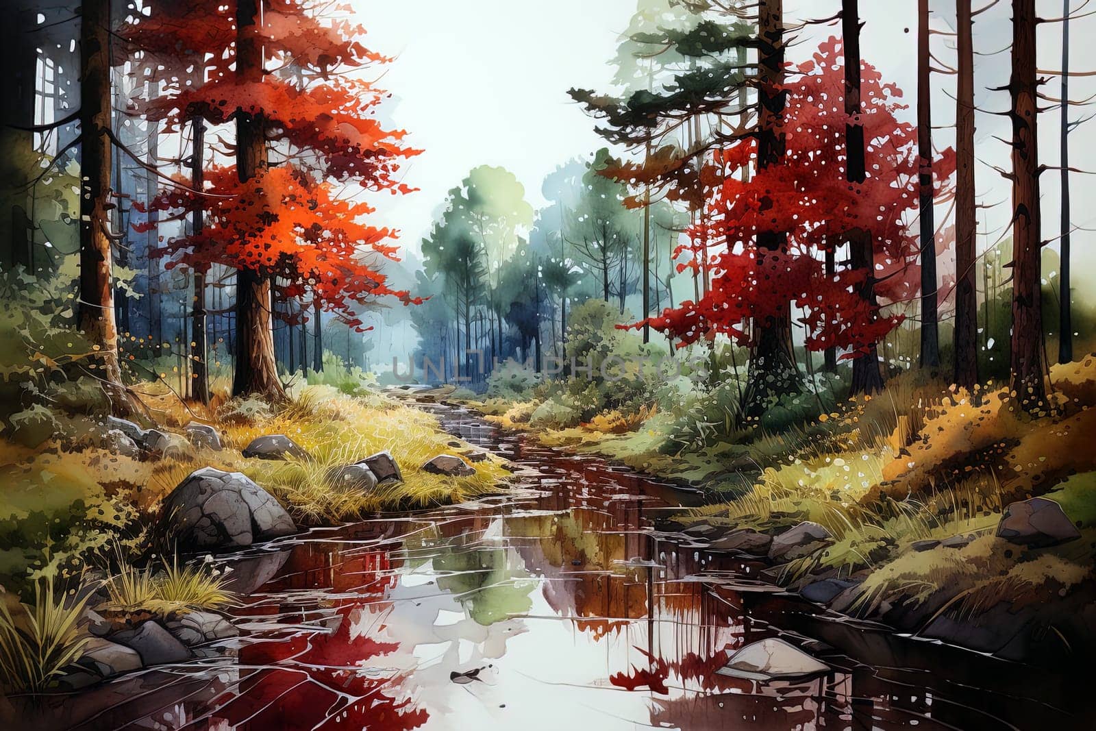 Autumn watercolor landscape background. Ai art
