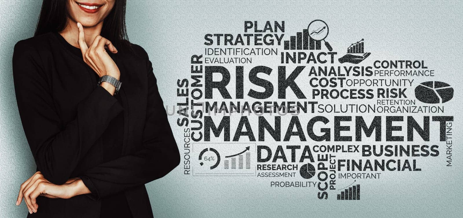 Risk Management and Assessment for Business Investment Concept. Modern interface showing symbols of strategy in risky plan analysis to control unpredictable loss and build financial safety. uds