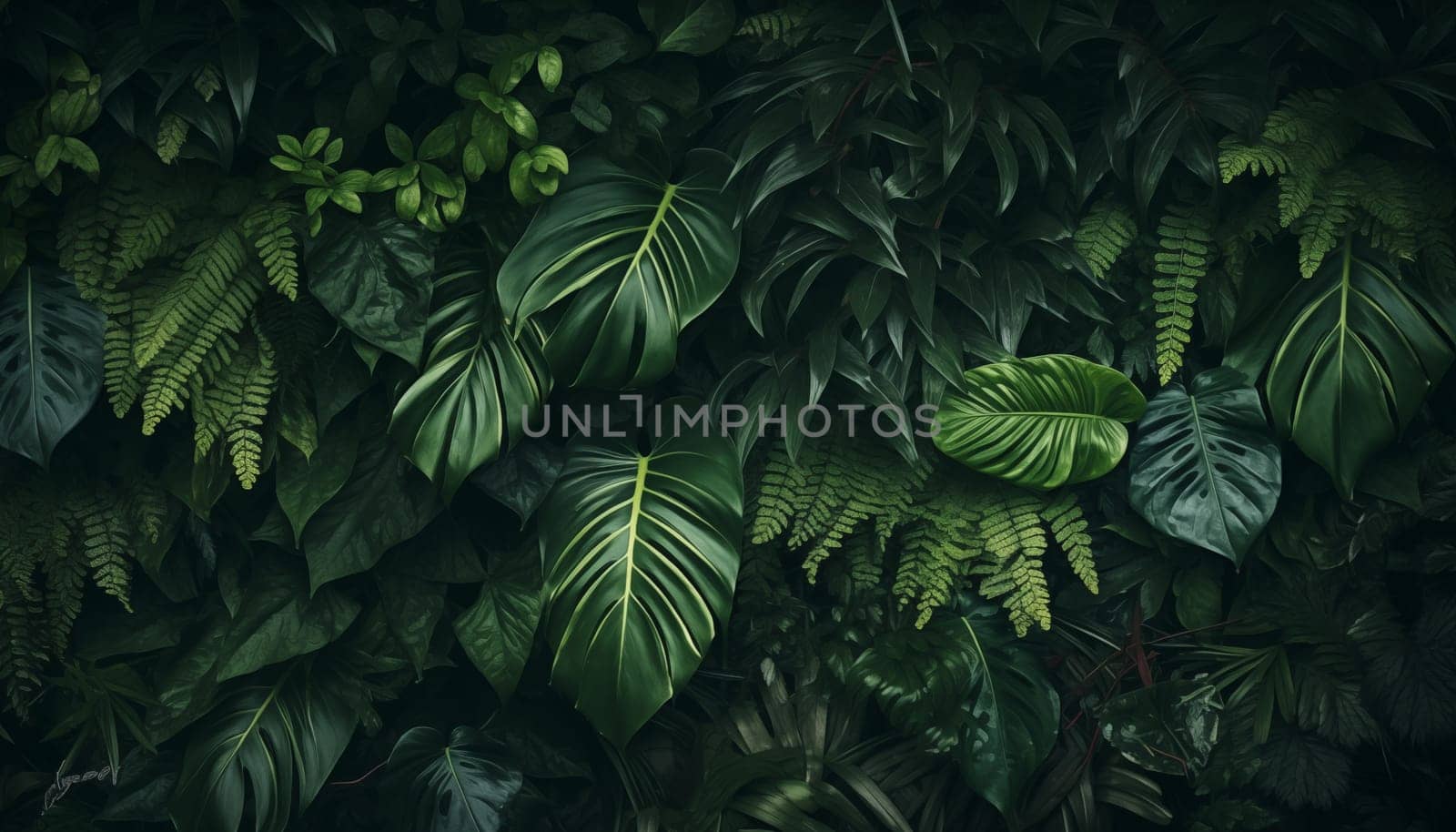 Tropical leaves dark green foliage in jungle nature by Nadtochiy