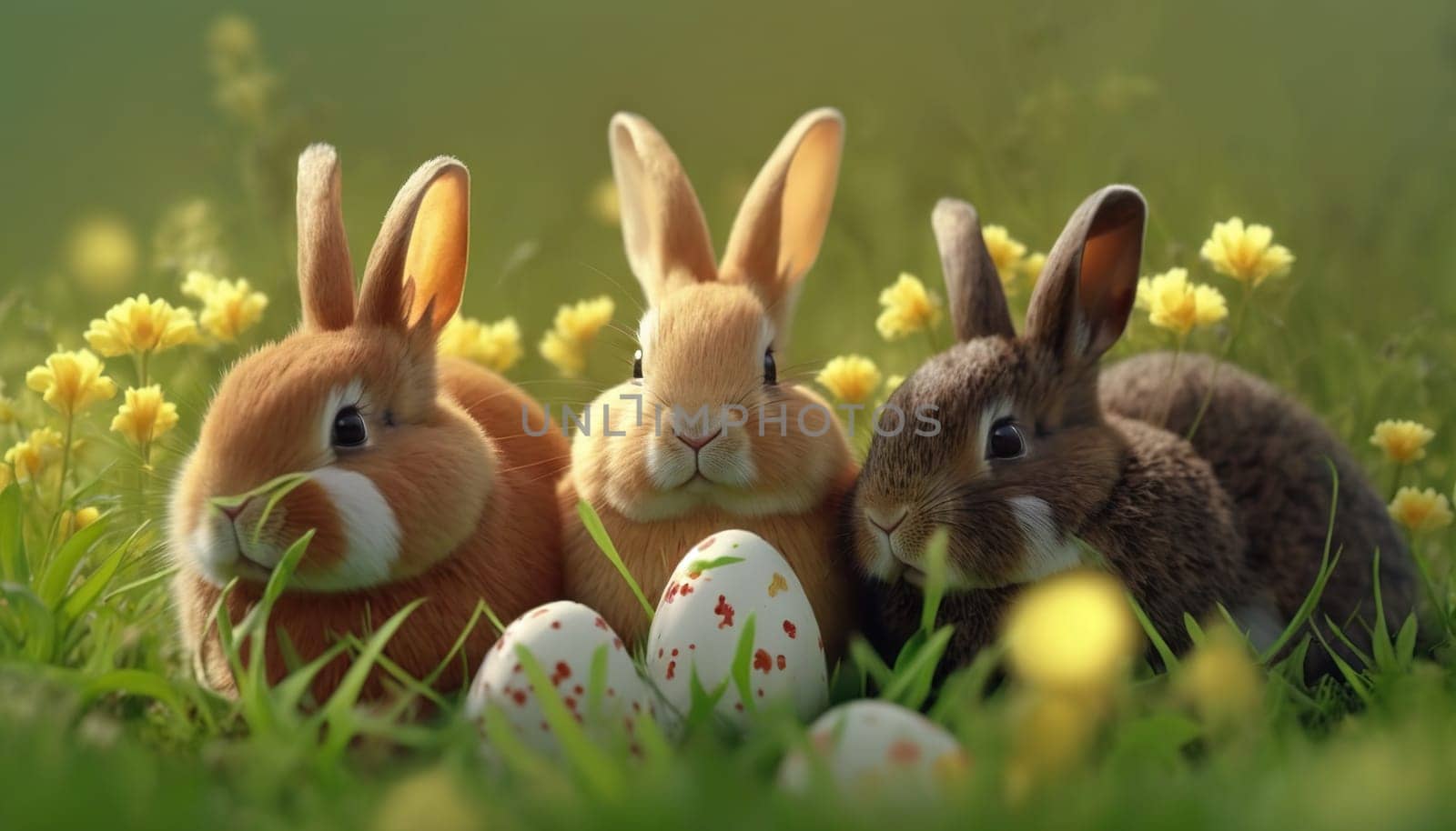 rio of bunnies amid grass and flowers with speckled Easter eggs in the foreground - Generative AI