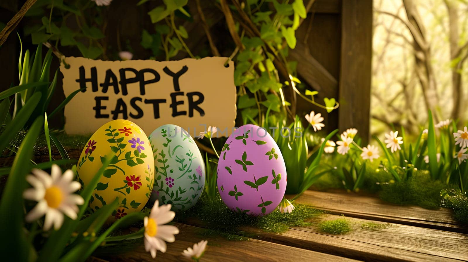 Easter eggs with vivid floral patterns beside a 'Happy Easter' sign amid daisies on a sunlit wooden surface - Generative AI