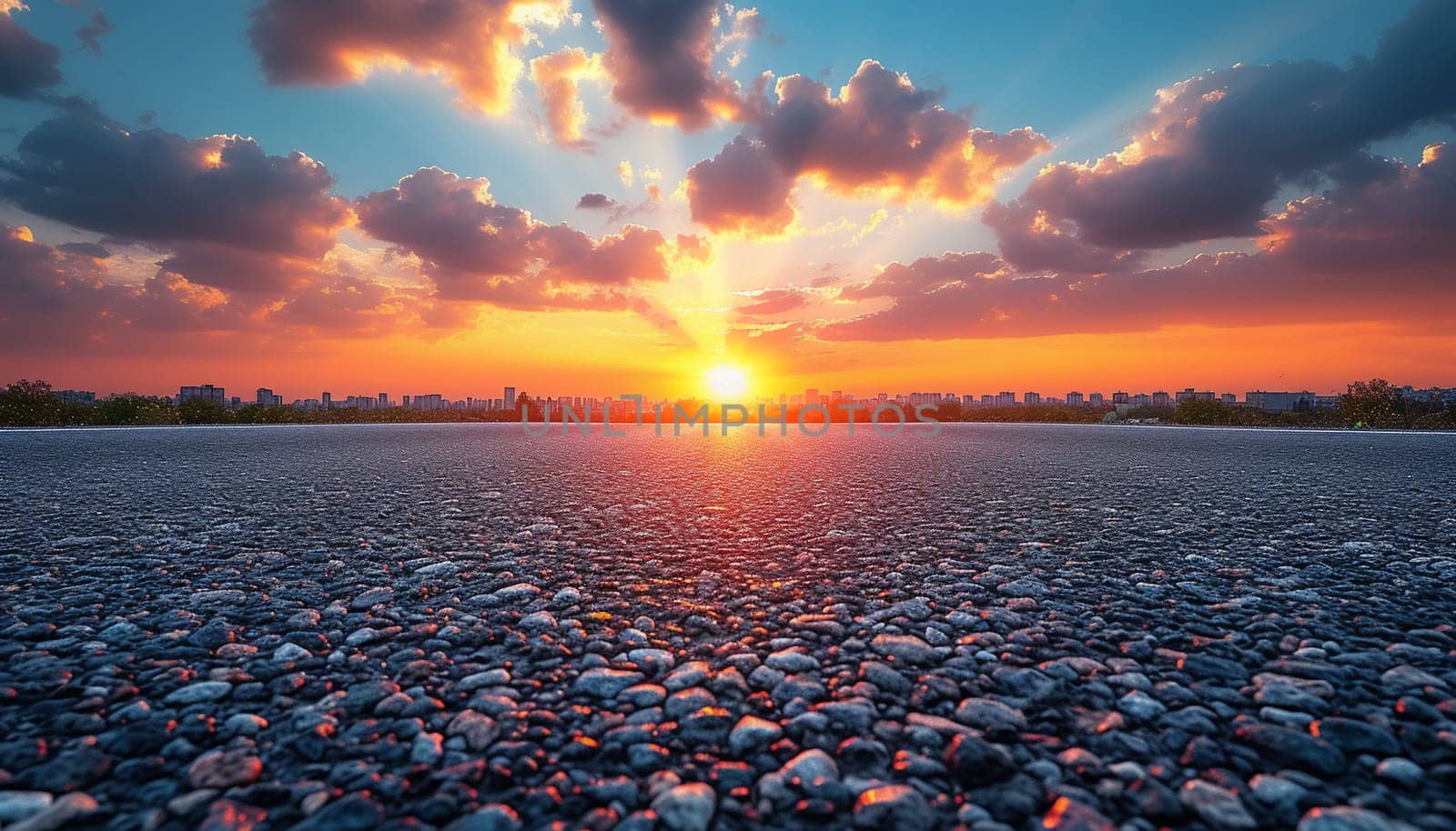 The perspective of the road against the background of sunset and the cityscape. High quality photo