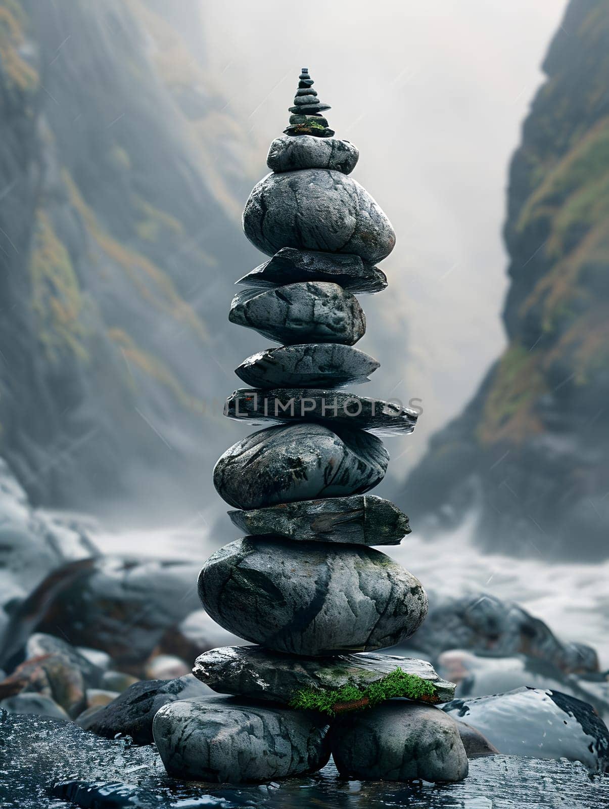 Natural landscape with rocks stacked on rocky beach, under a clear sky. High quality photo