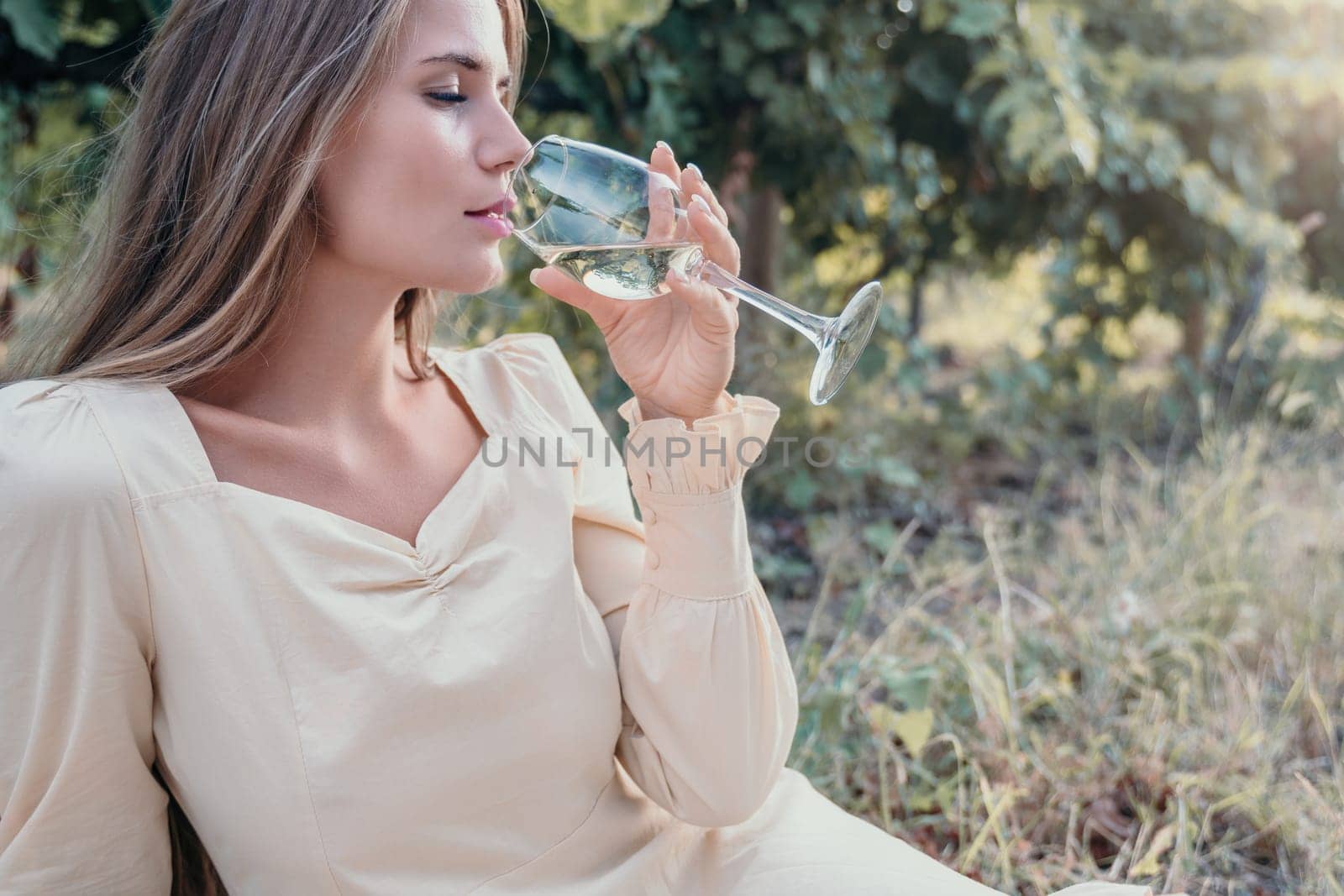 Picnic and wine tasting at sunset in the hills of Italy, Tuscany. Vineyards and open nature in the summer. Romantic dinner, fruit and wine.