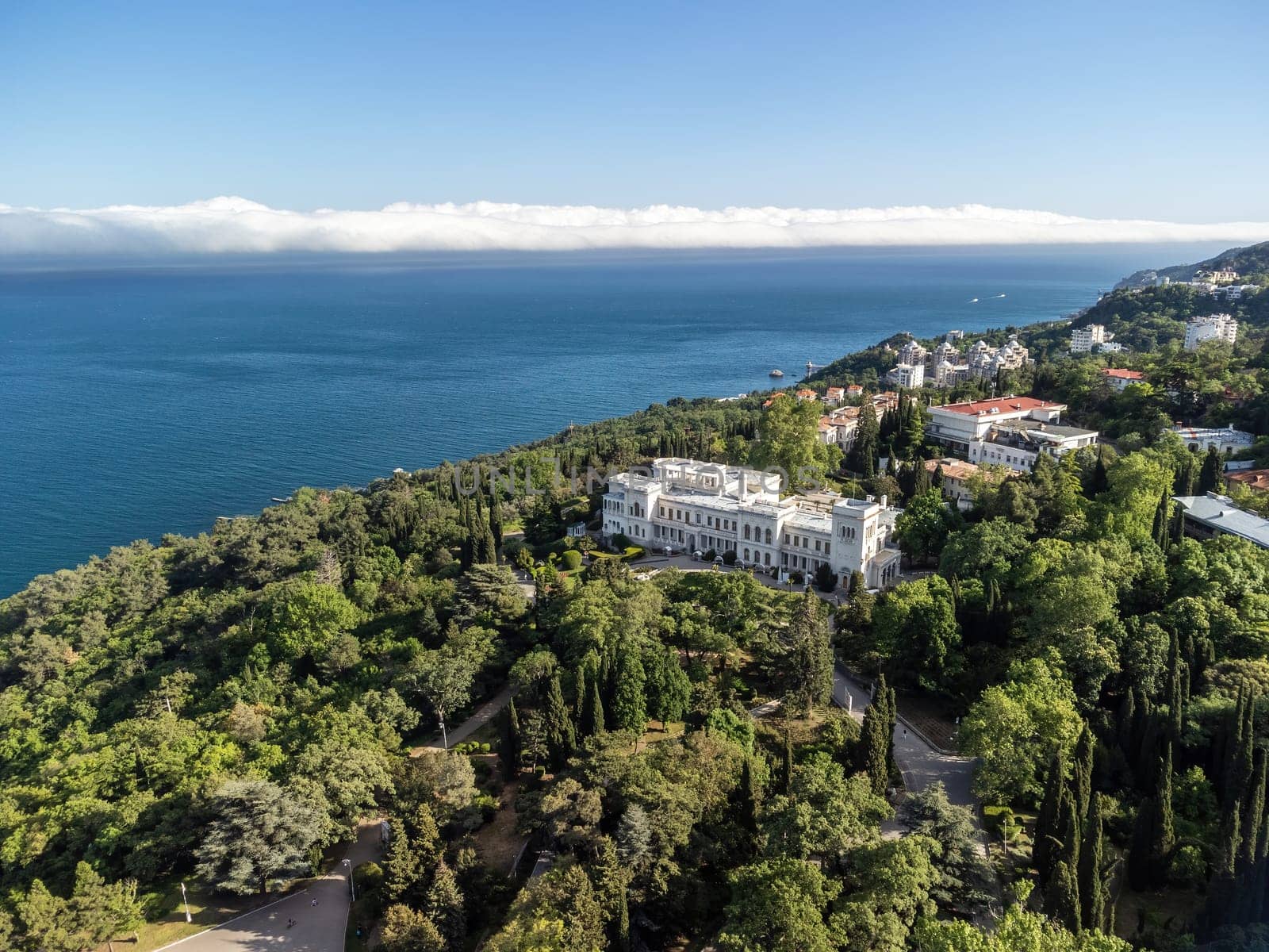 Aerial View of Livadia Palace - located on the shores of the Black Sea in the village of Livadia in the Yalta region of Crimea. Livadia Palace was a summer retreat of the last Russian tsar Nicholas II by panophotograph