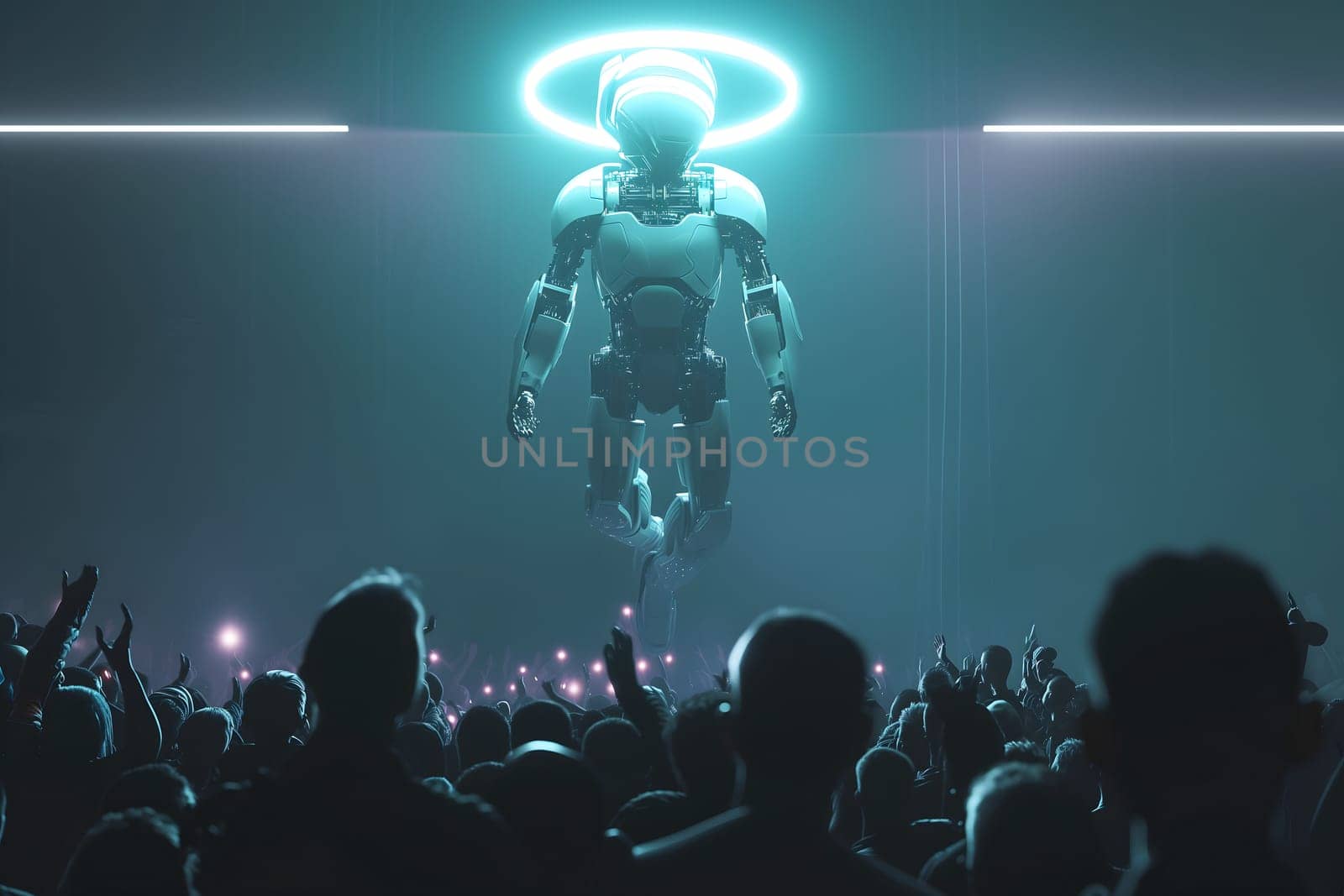 Cyber god in front of their adepts for artificial super intelligence encounter. Neural network generated image. Not based on any actual person or scene.