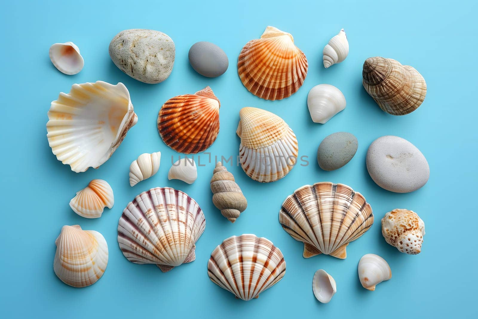 Seashells, pebbles, mockup on blue background. Blank, top view, still life, flat lay. Sea vacation travel concept tourism and resorts. Summer holidays. Neural network generated in January 2024. Not based on any actual scene or pattern.