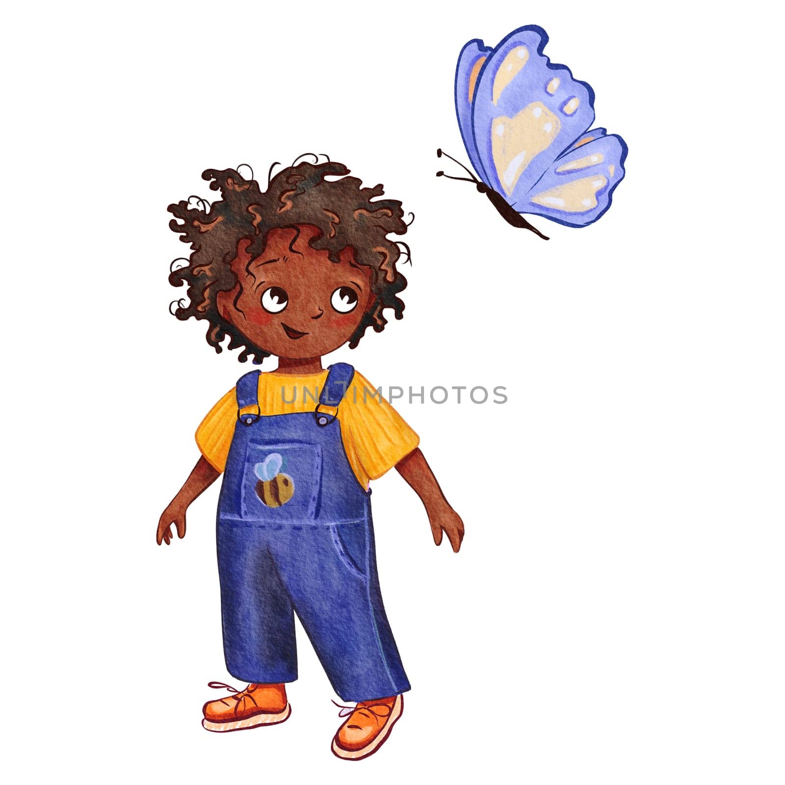 A cartoon boy in overalls is making a gesture next to a toy butterfly, a cute arthropod pollinator in an art sleeve. Watercolor cartoon portrait.