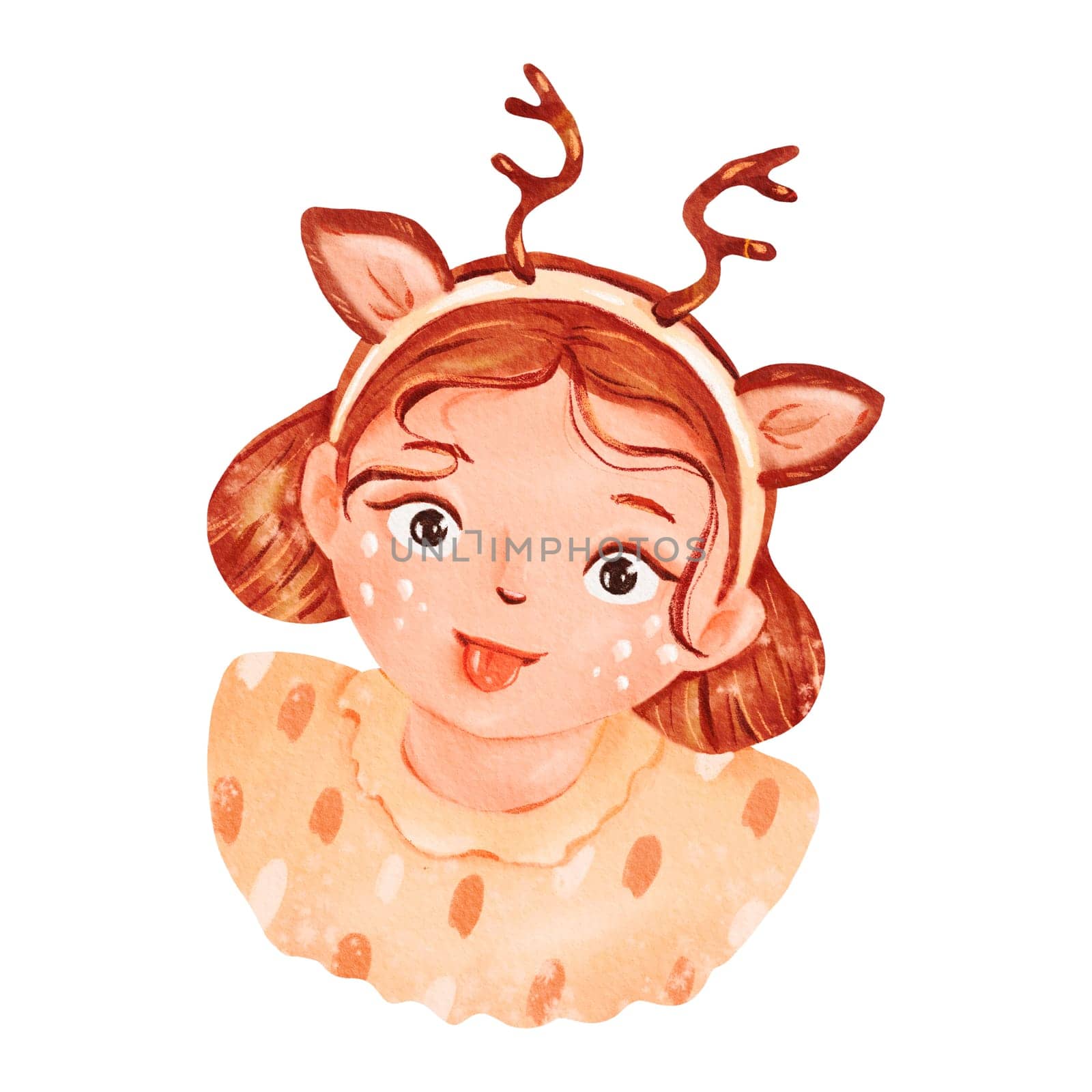 A happy little girl with peach cheeks and antler headband, resembling a fictional character, is wearing an ornament on her head. She is finger painting with eyelash details