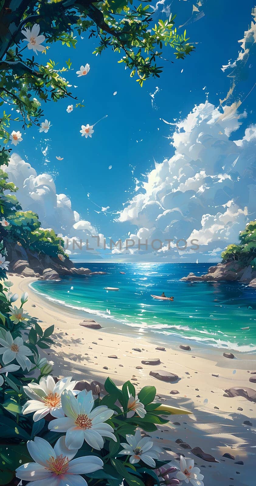 A picturesque natural landscape painting featuring flowers on the beach, azure sky, fluffy clouds, and the tranquil ocean in the background