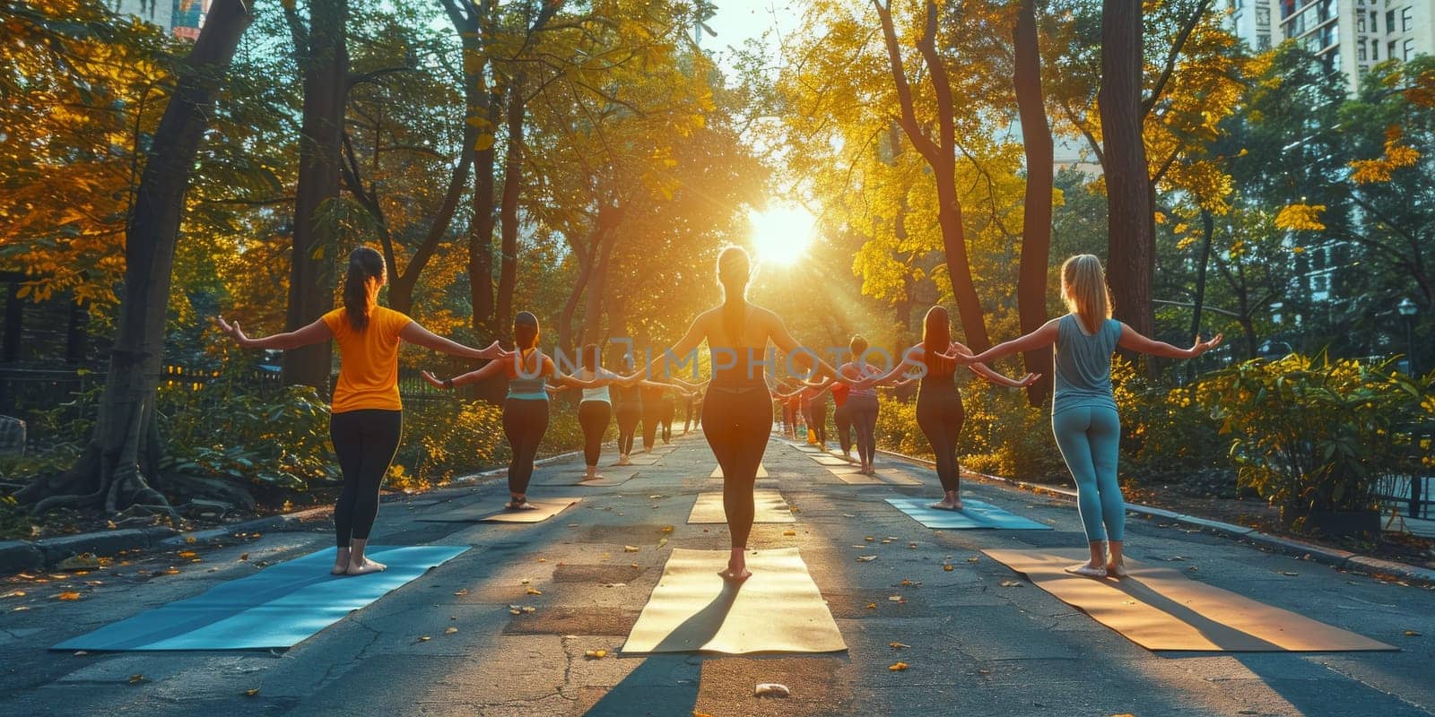 Group of adults attending a yoga class outside in park with natural background.