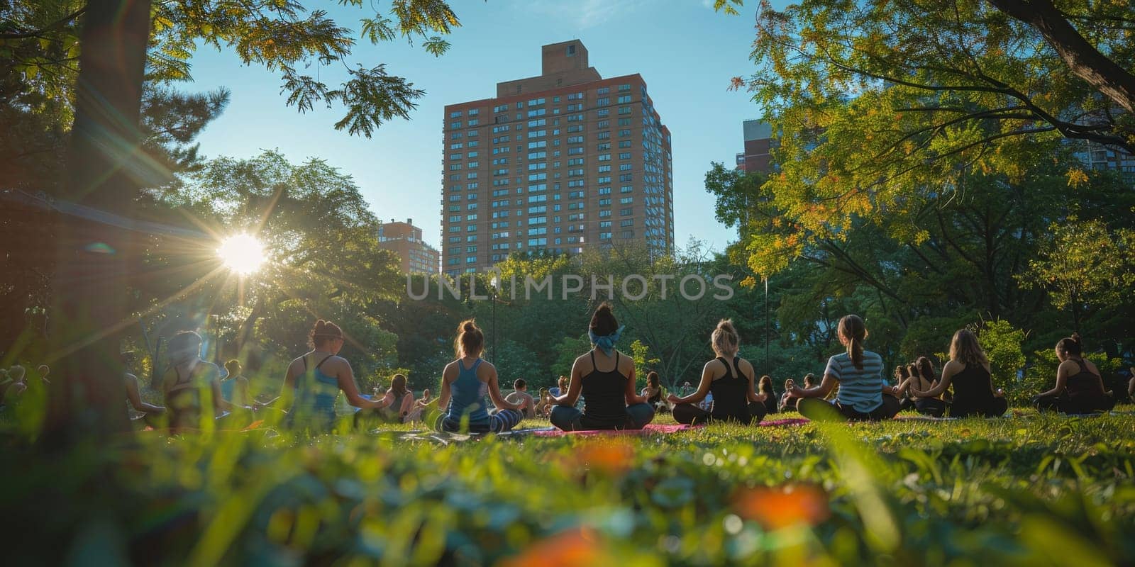 Group of adults attending a yoga class outside in park with natural background by Benzoix