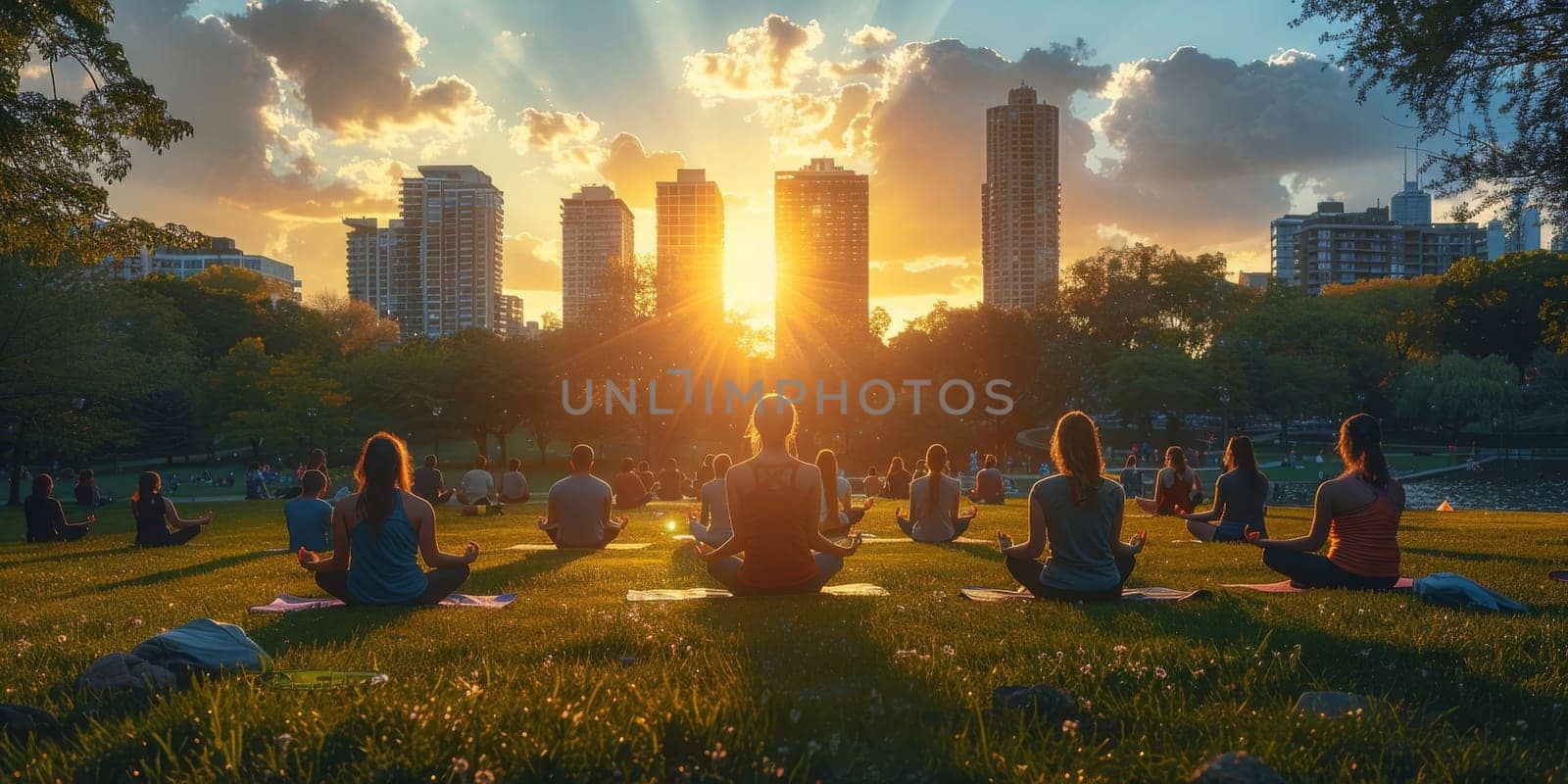 Group of adults attending a yoga class outside in park with natural background by Benzoix