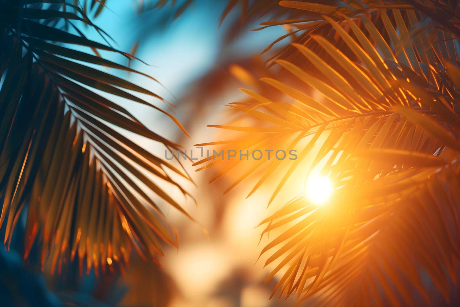 Vibrant sunny backdrop palm leaves with golden sun light. Neural network generated in January 2024. Not based on any actual scene or pattern.