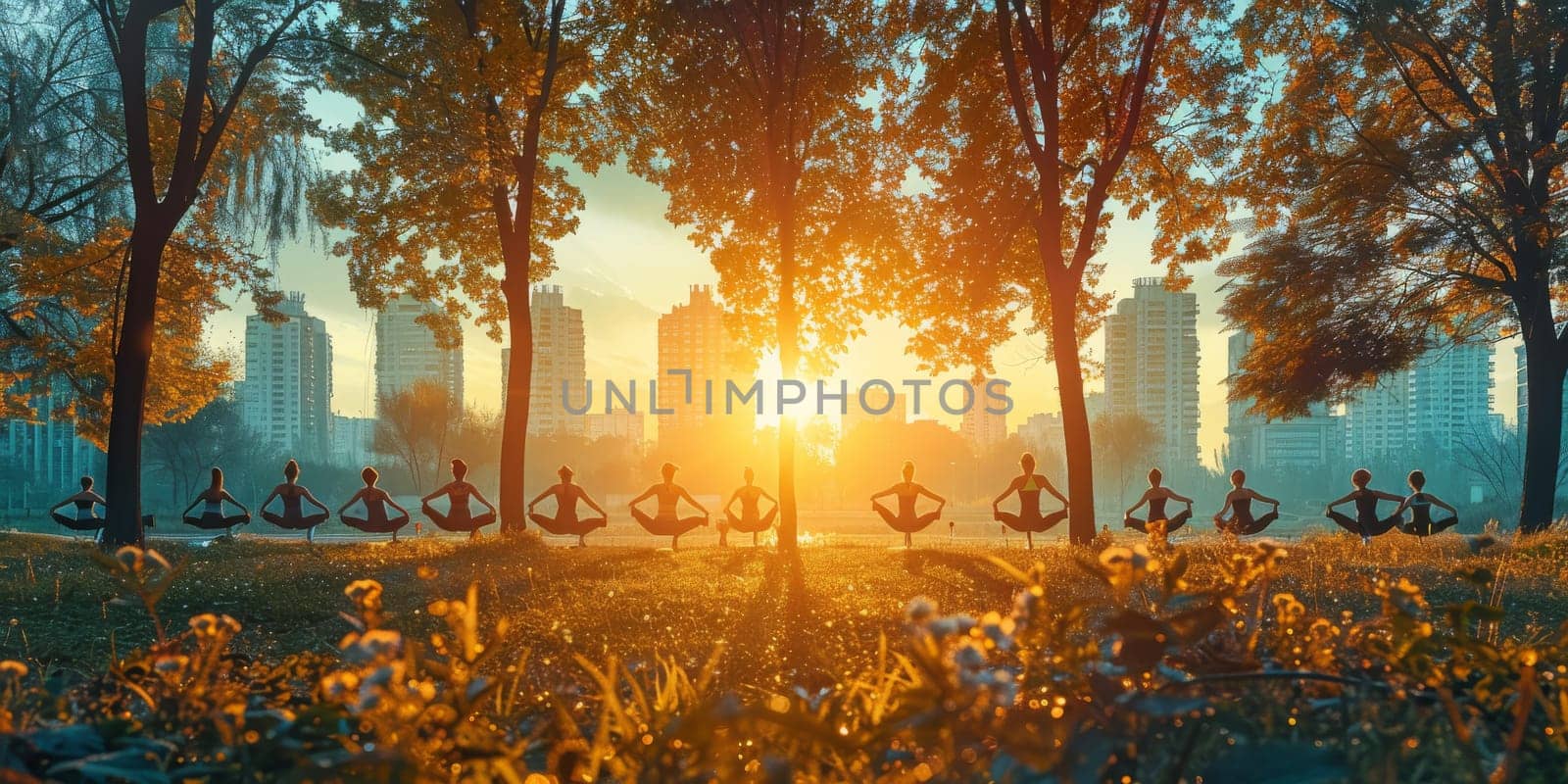 Group of adults attending a yoga class outside in park with natural background by Benzoix