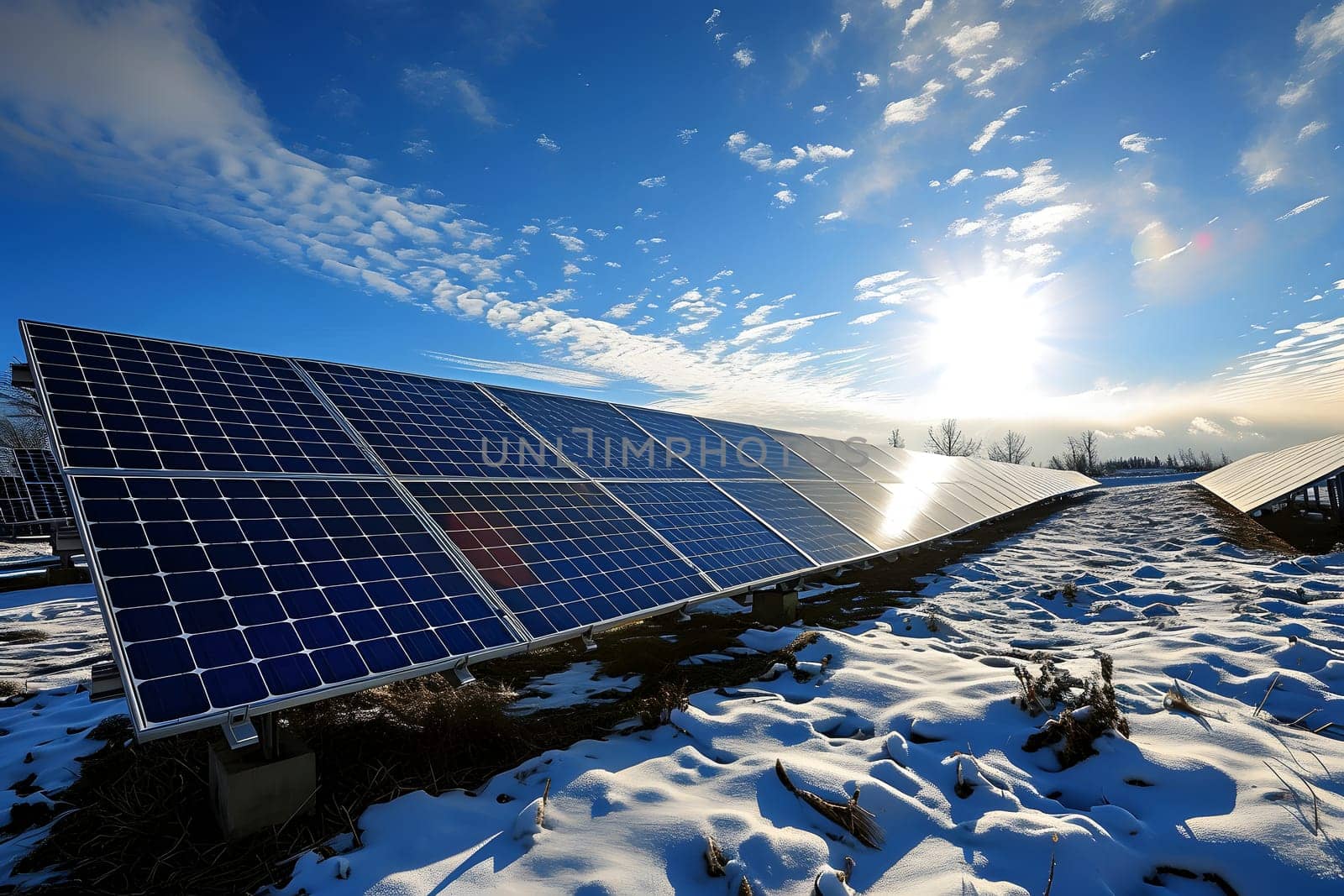 Photovoltaic solar panels in the field at sunny winter day. Neural network generated in January 2024. Not based on any actual scene or pattern.