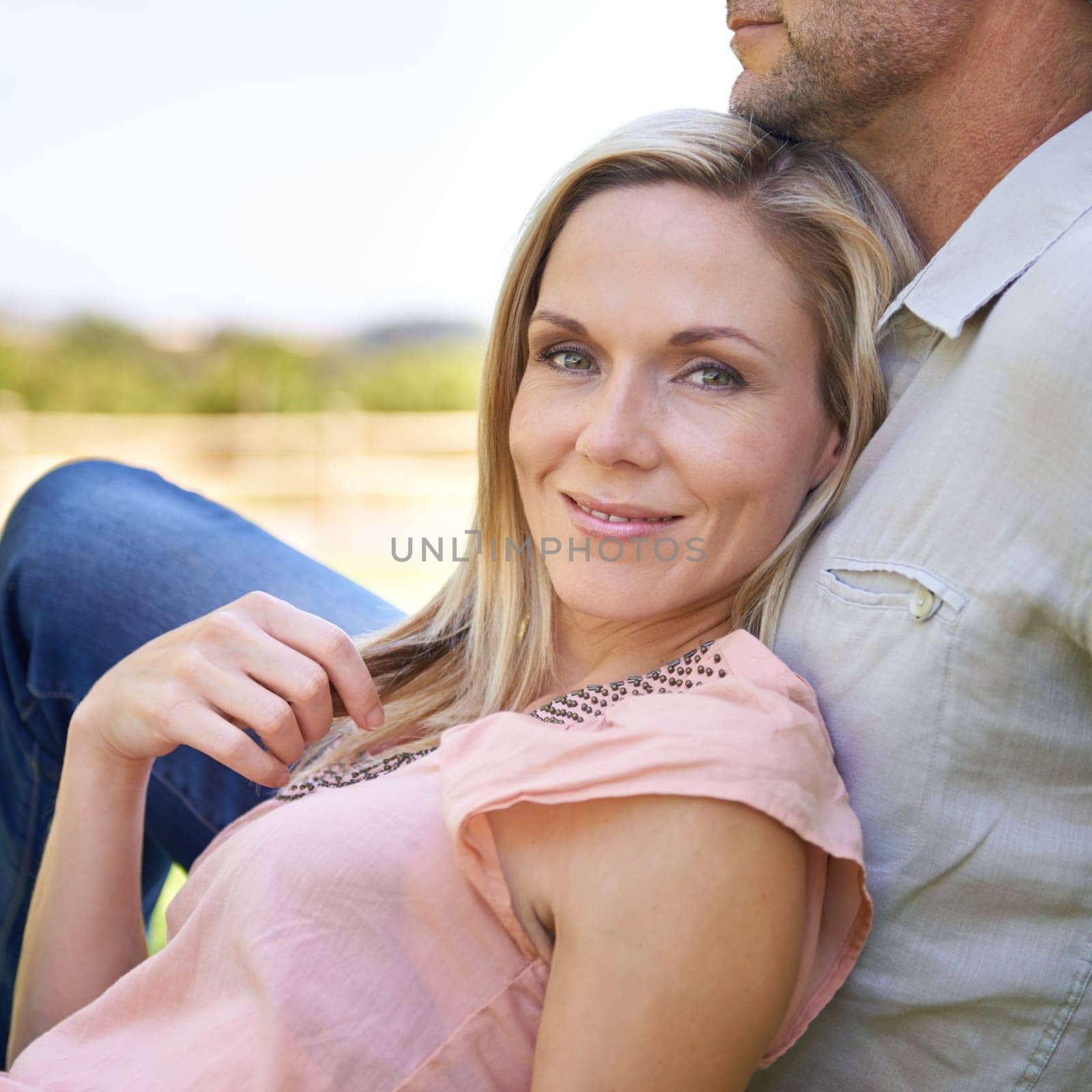 Couple, portrait and smile in nature with love on honeymoon date, bonding and anniversary vacation. Face, man and woman or happy outdoor at park for relax, healthy relationship and summer holiday.