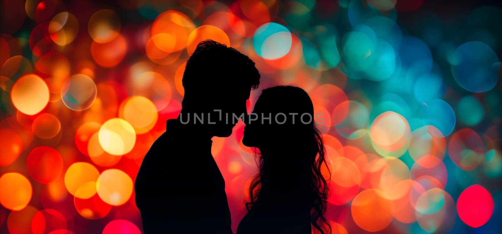 Silhouette of a couple with a colorful bokeh background. Neural network generated image. Not based on any actual person or scene.