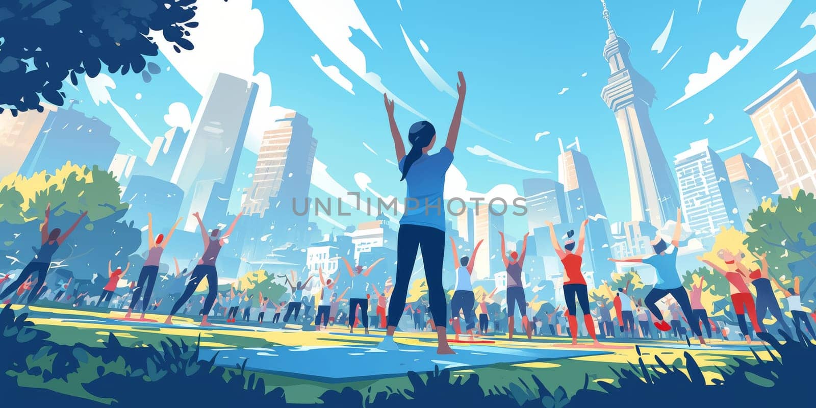 Group of adults attending a yoga class outside in park with natural background.