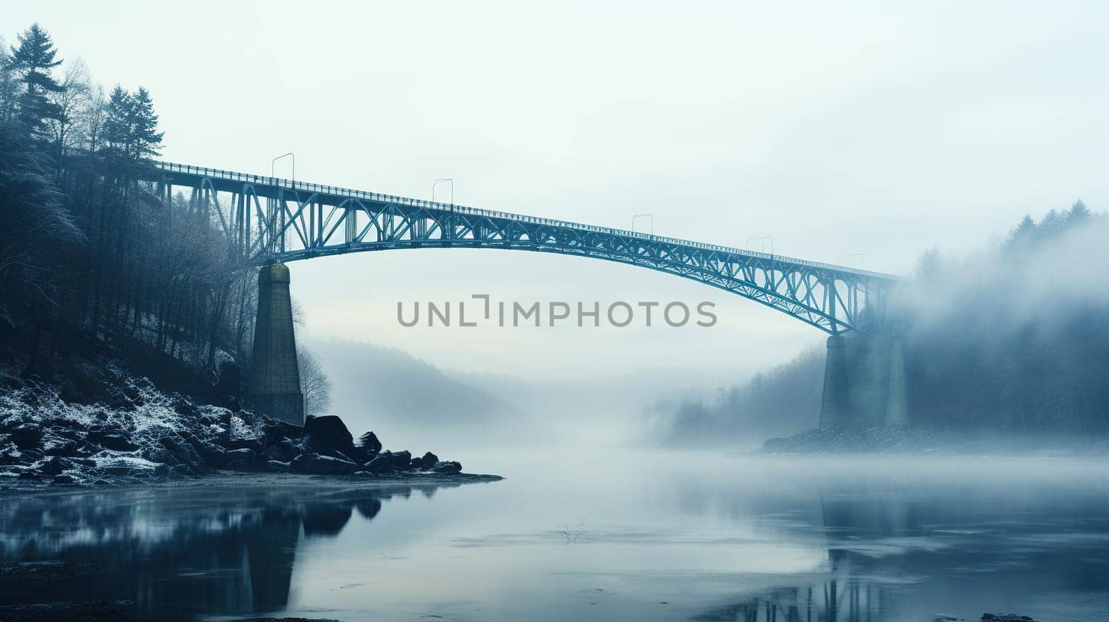 A beautiful large bridge over the river in the fog.