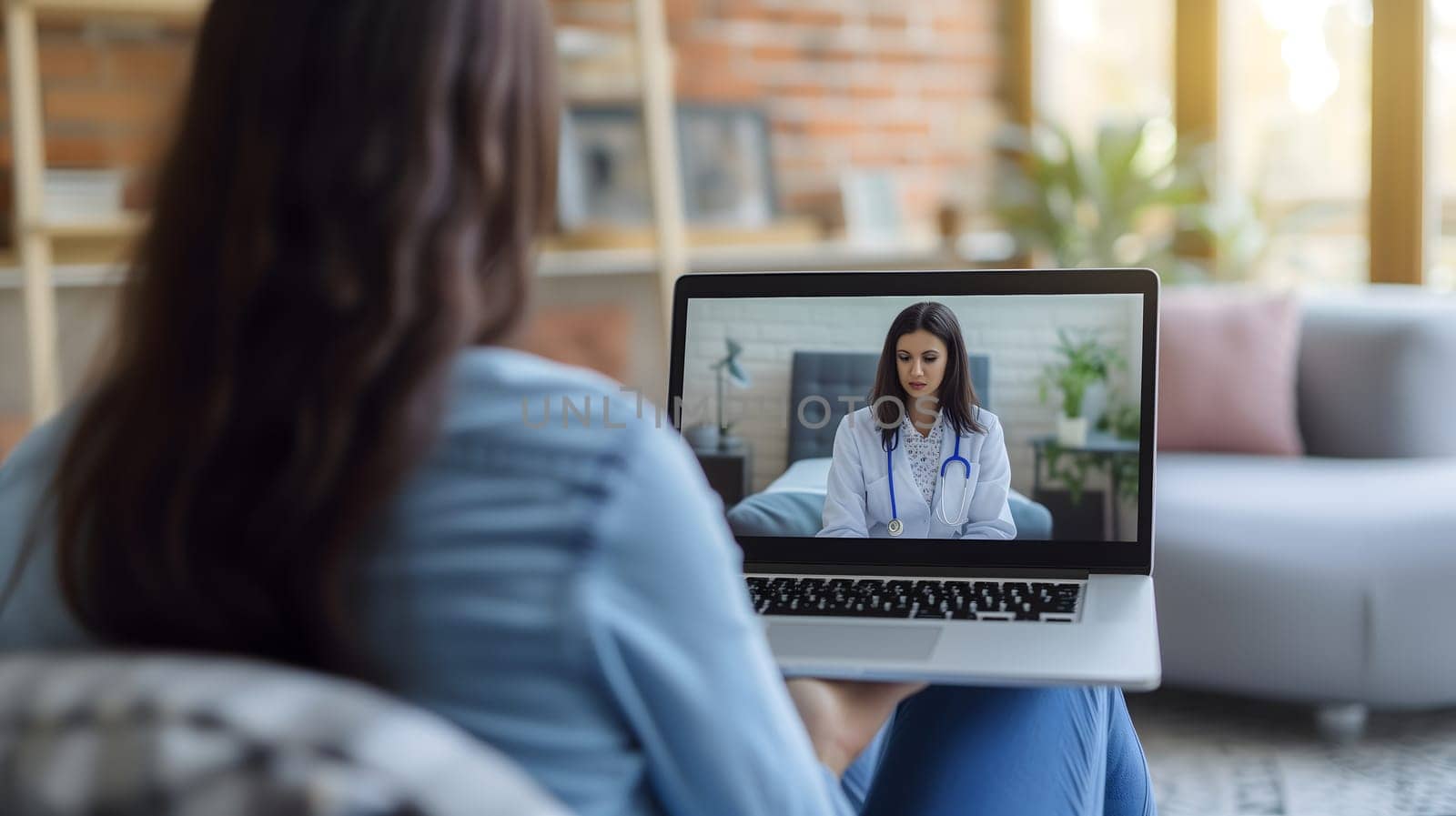 Telemedicine concept. Young lady consulting her doctor on laptop computer, using webcam from home. Neural network generated image. Not based on any actual person or scene.