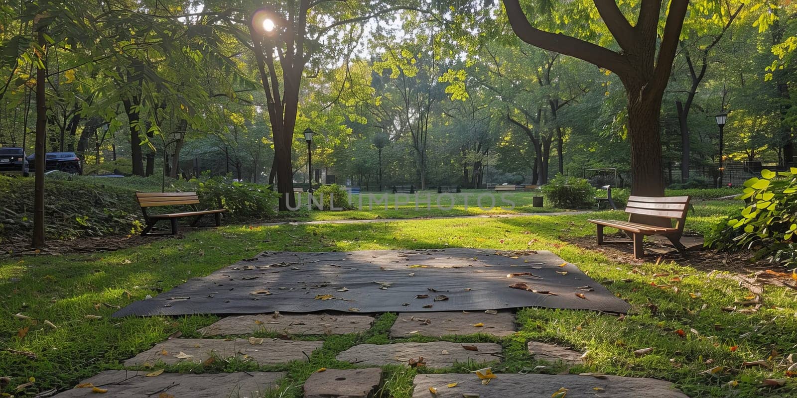 Group of adults attending a yoga class outside in park with natural background.