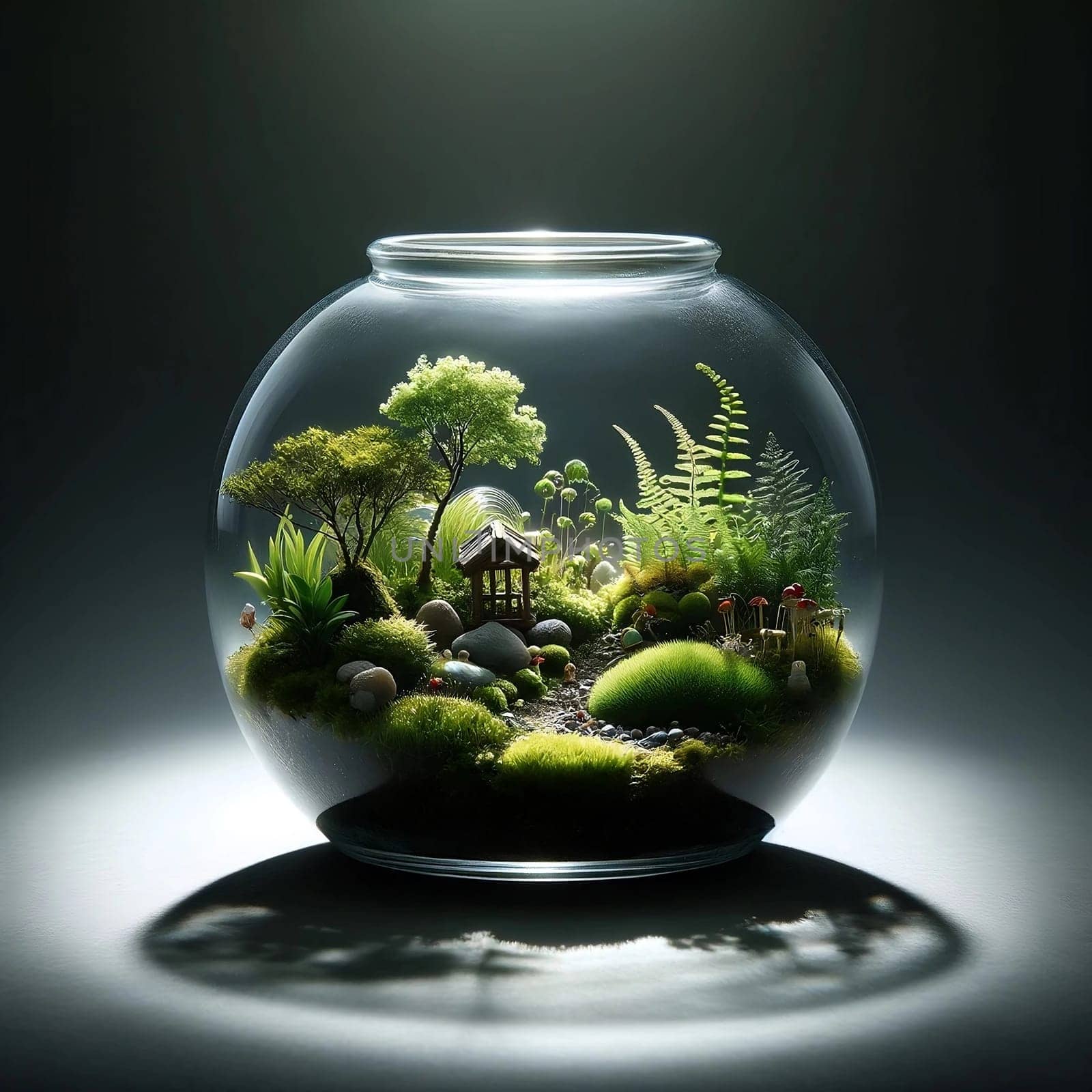 Stylish Glass jar terrarium holds a tiny Japanese garden, Studio shot. High quality photo