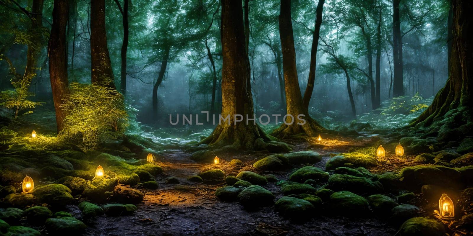 Moonlit Forest Glade. Amidst ancient trees, a moonbeam illuminates a hidden glade. Dew-kissed mushrooms glow softly, and fireflies dance in the night. Ethereal beauty of this mystical meeting place.