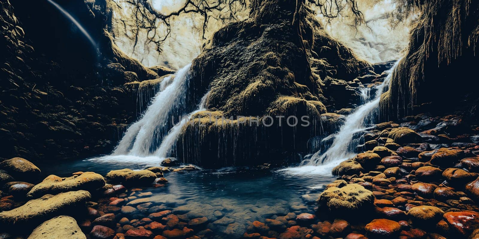 Enchanted Waterfall. A waterfall cascades down moss-covered rocks, revealing a secret grotto behind its veil. Crystal-clear water sparkles with hints of magic, and colorful flowers bloom along the banks.