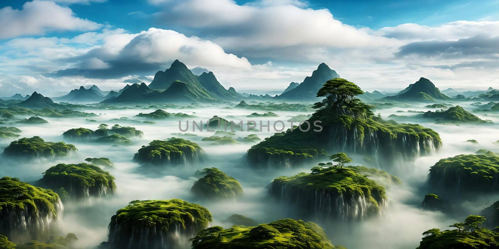 Floating Isles. Above a sea of clouds, islands drift like dreamscapes. Each is a miniature world, lush forests, waterfalls, and floating gardens. The sky holds its breath, and rainbows weave through the mist.