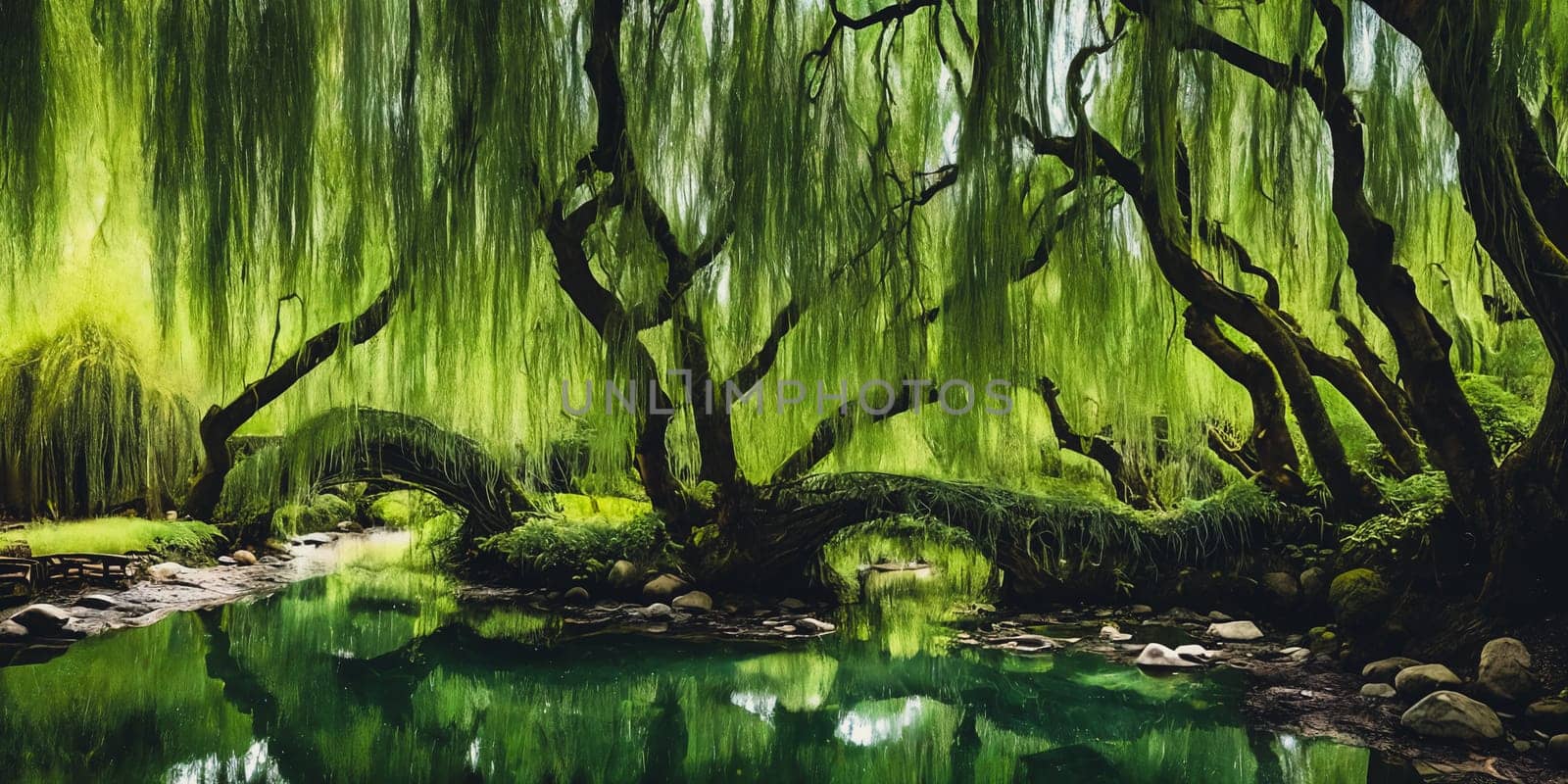 Whispering Willow Grove. Beneath ancient willow trees, their long branches trailing in a silver river, tiny doors appear. Fairies, sprites, and woodland creatures gather here, sharing secrets and laughter.
