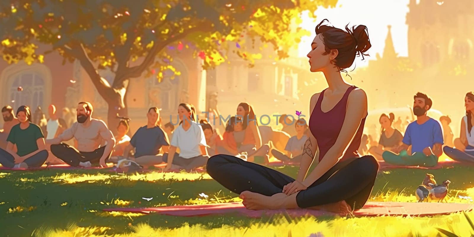 Group of adults attending a yoga class outside in park with natural background.