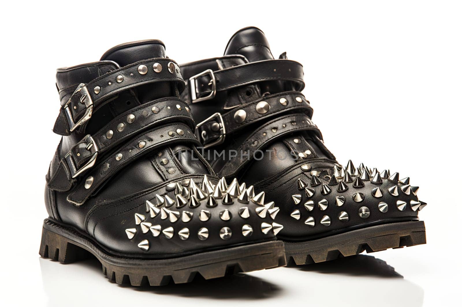 Black leather boots with spikes and punk style buckles.