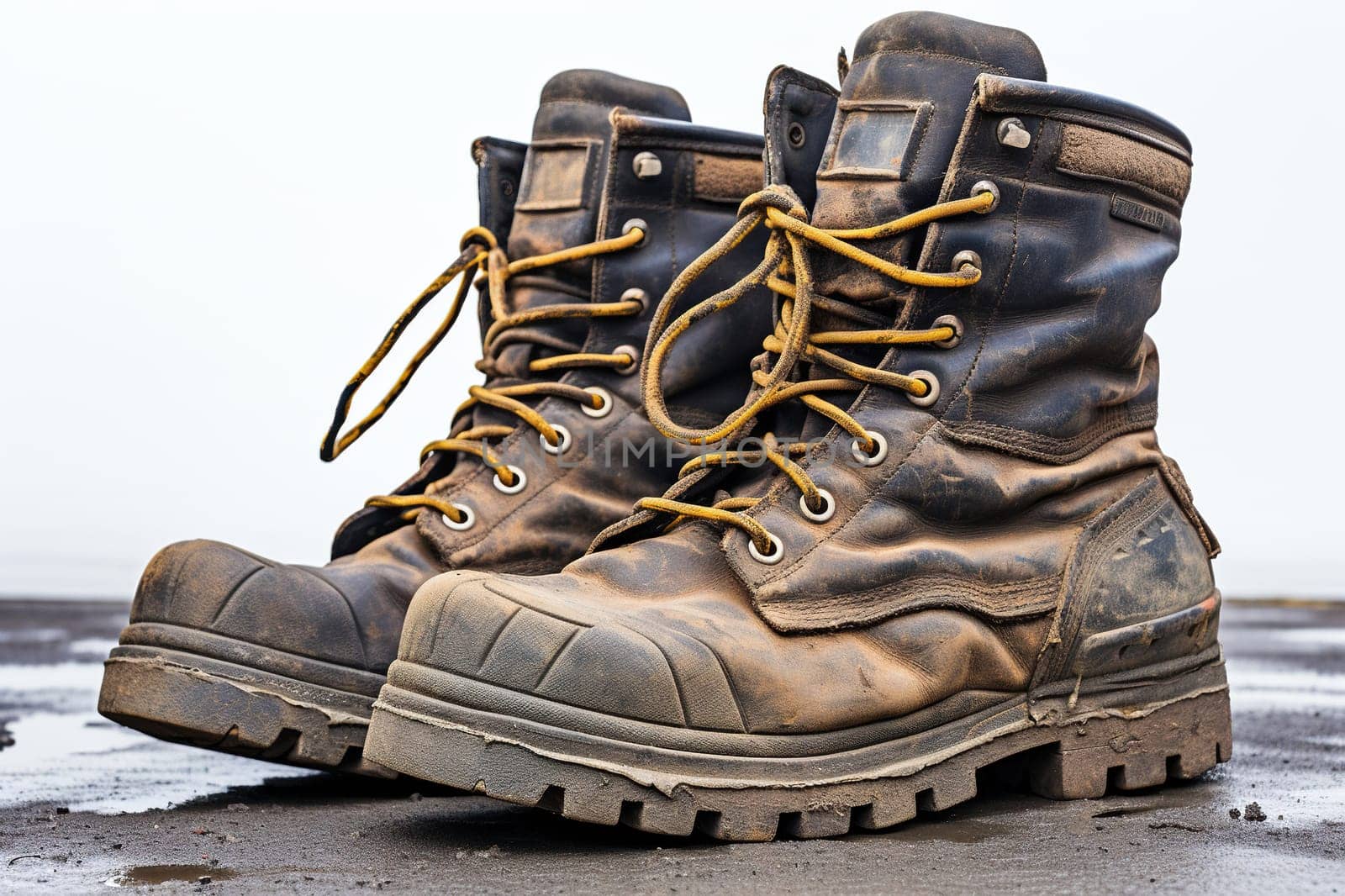 Old worn military boots on a white background.