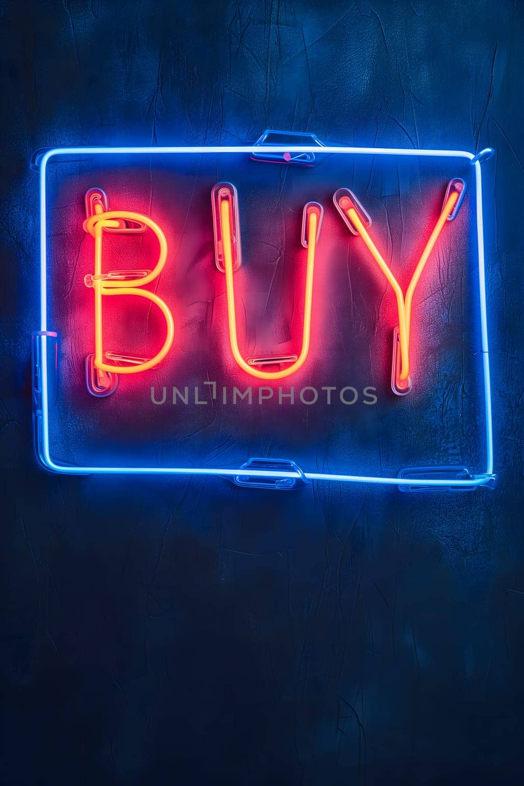 Neon inscription buy on dark shabby wall. Neural network generated image. Not based on any actual scene or pattern.