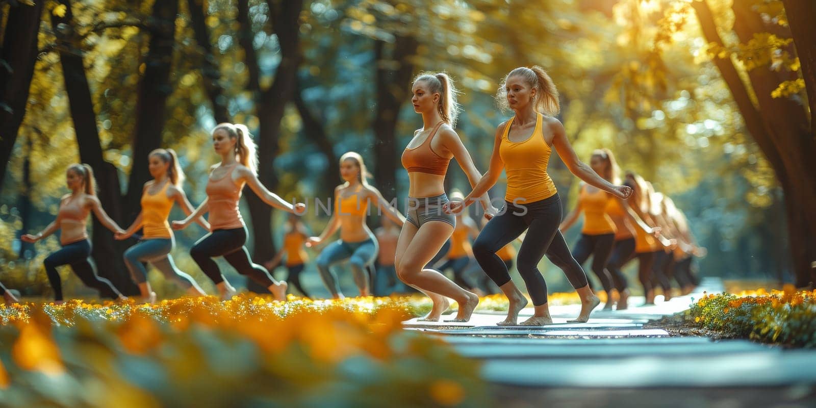 Group of adults attending a yoga class outside in park with natural background.