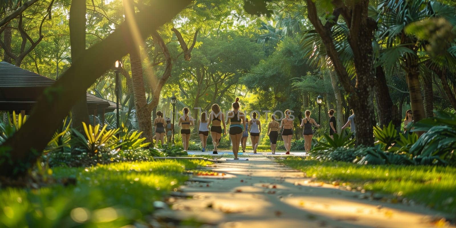 Group of adults attending a yoga class outside in park with natural background.