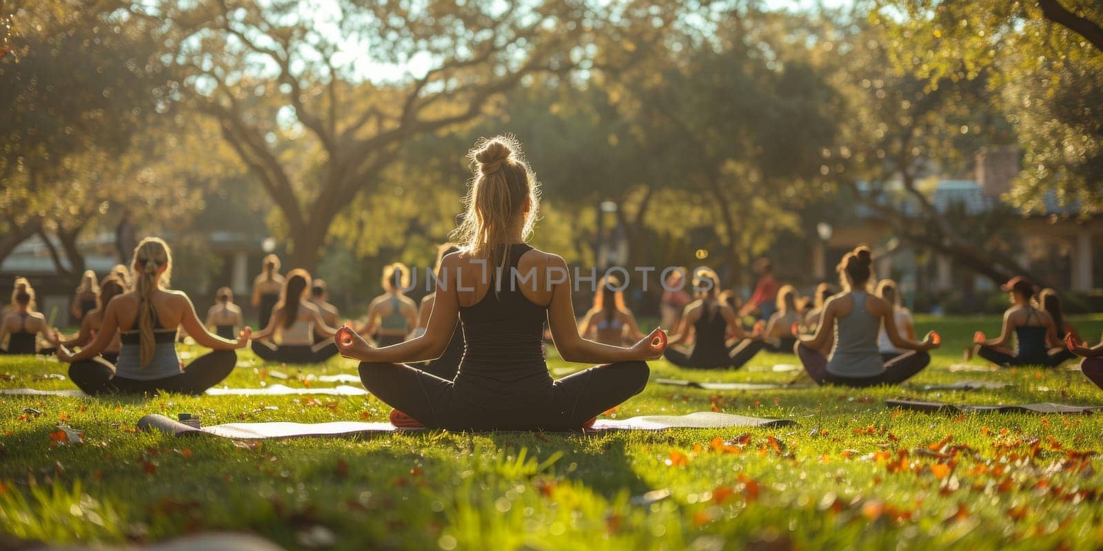 Group of adults attending a yoga class outside in park with natural background.