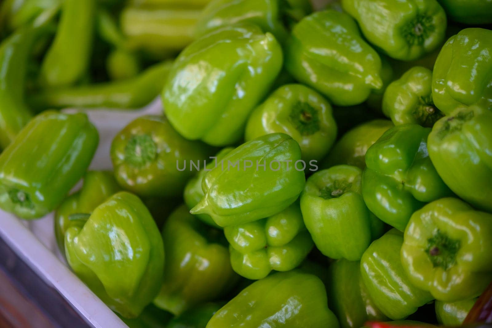 sweet peppers in a box in a store in Cyprus
