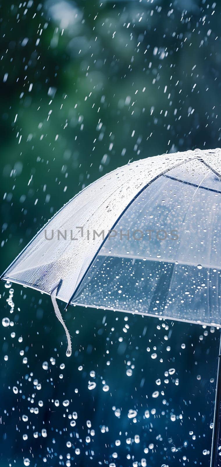Close up, transparent umbrella under rainfall against a background of water droplets splashing. Concept of rainy weather. Neural network generated image. Not based on any actual scene or pattern.