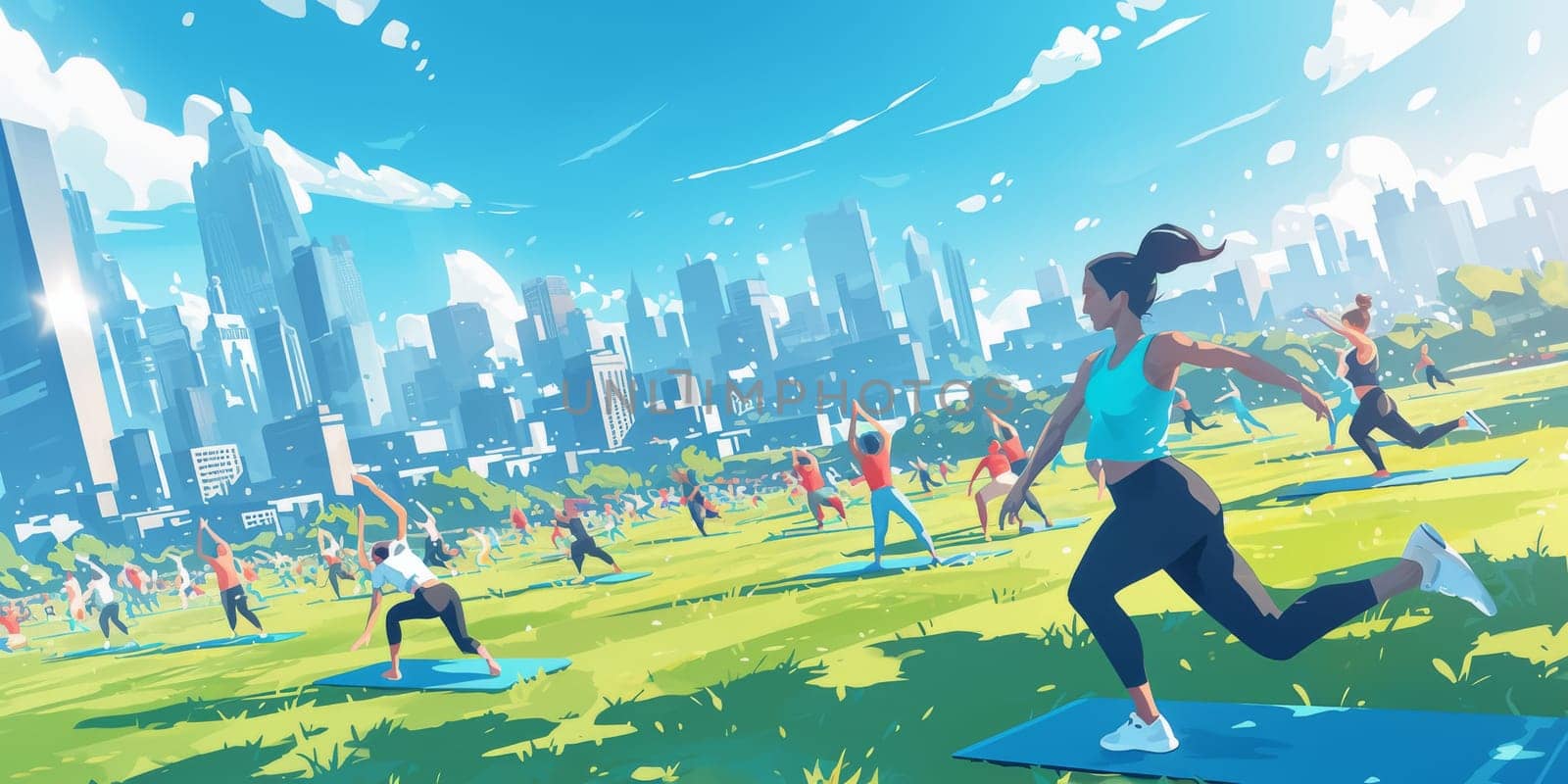 Group of adults attending a yoga class outside in park with natural background.