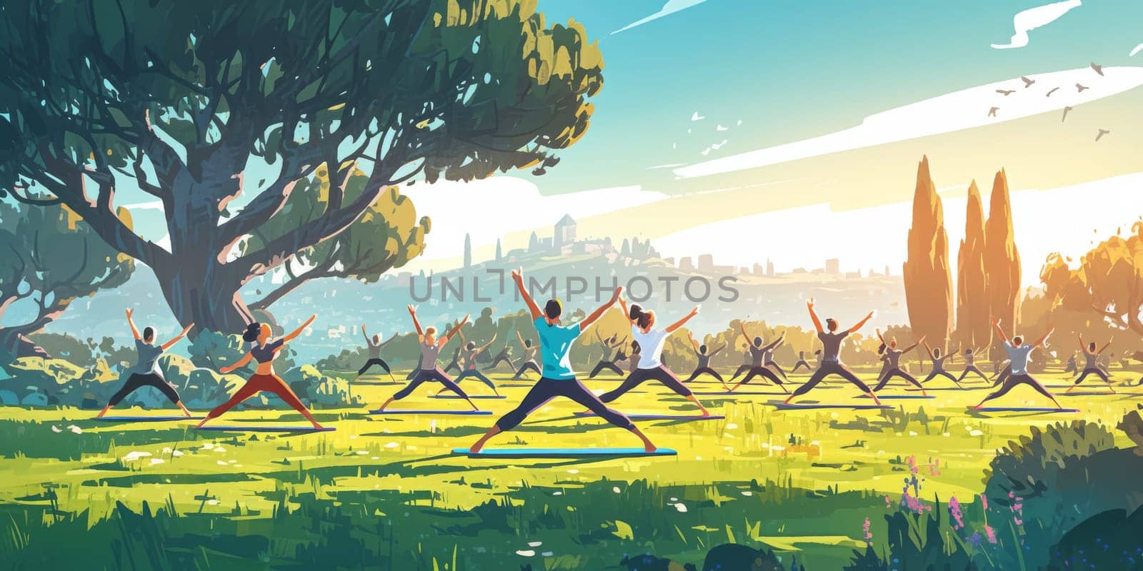 Group of adults attending a yoga class outside in park with natural background.