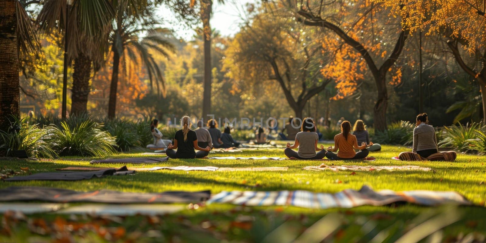 Group of adults attending a yoga class outside in park with natural background.