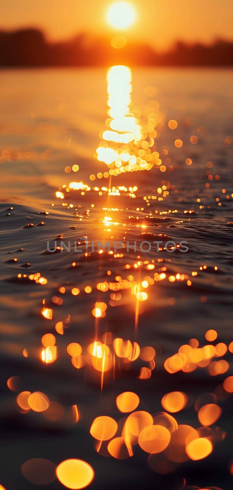 Sunset bokeh on water: golden sky over a body of water, with the light reflecting and creating a bokeh effect.. Neural network generated image. Not based on any actual scene or pattern.