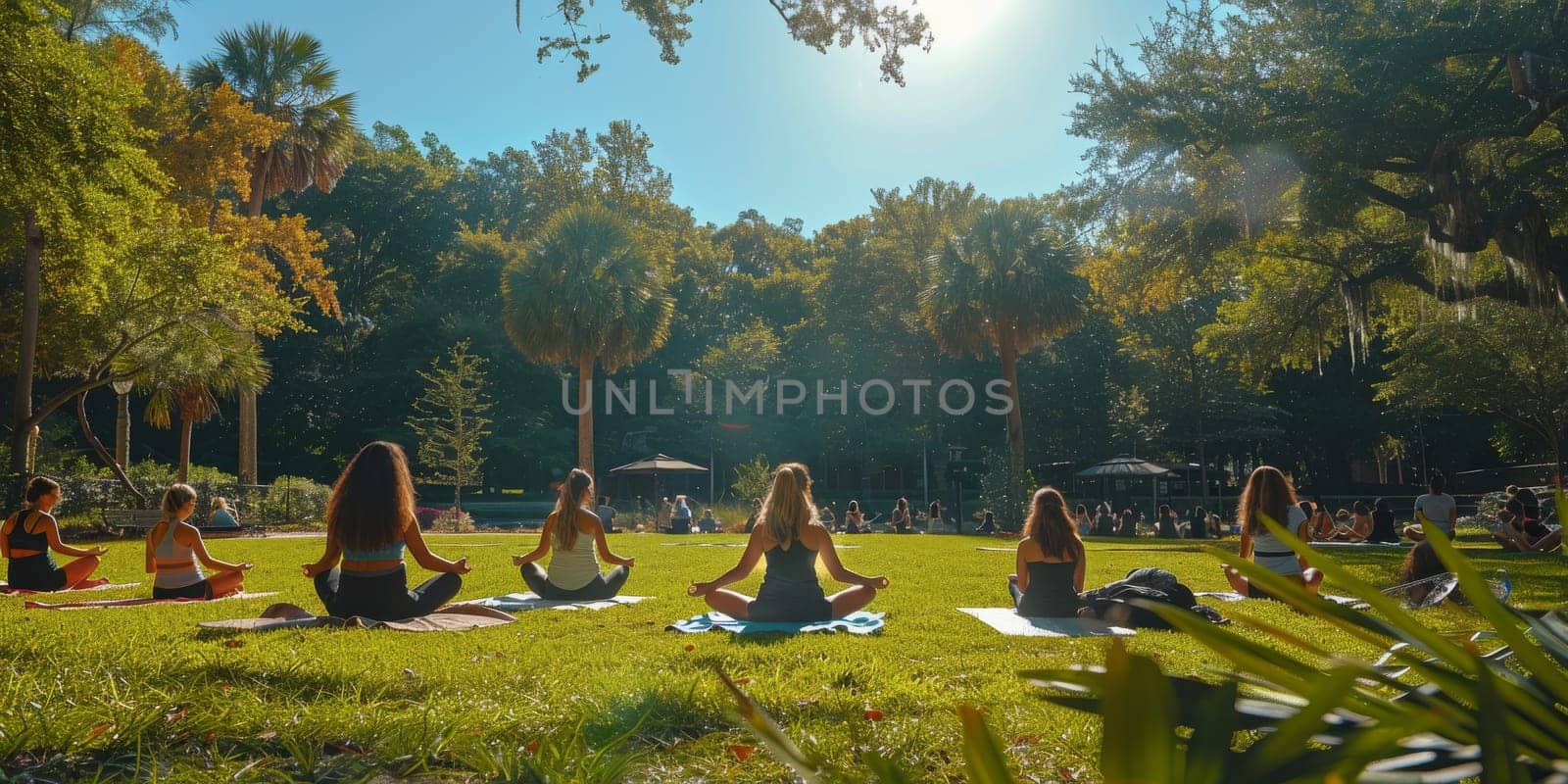 Group of adults attending a yoga class outside in park with natural background by Benzoix