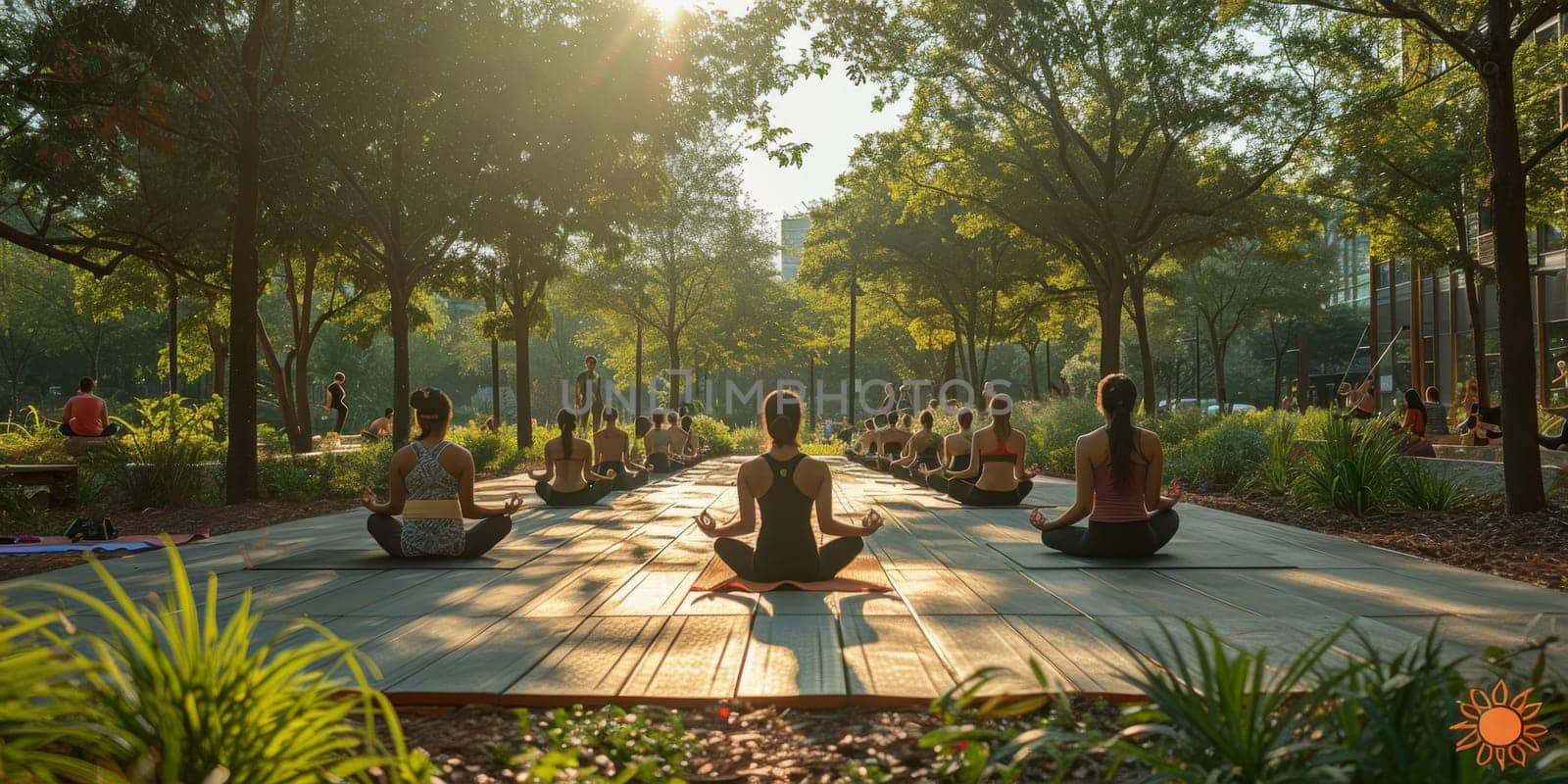 Group of adults attending a yoga class outside in park with natural background by Benzoix