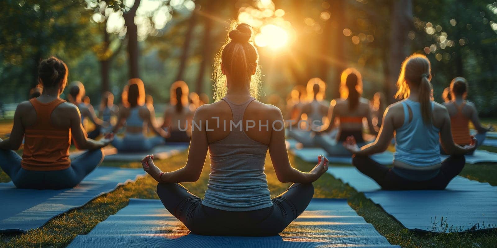 Group of adults attending a yoga class outside in park with natural background.