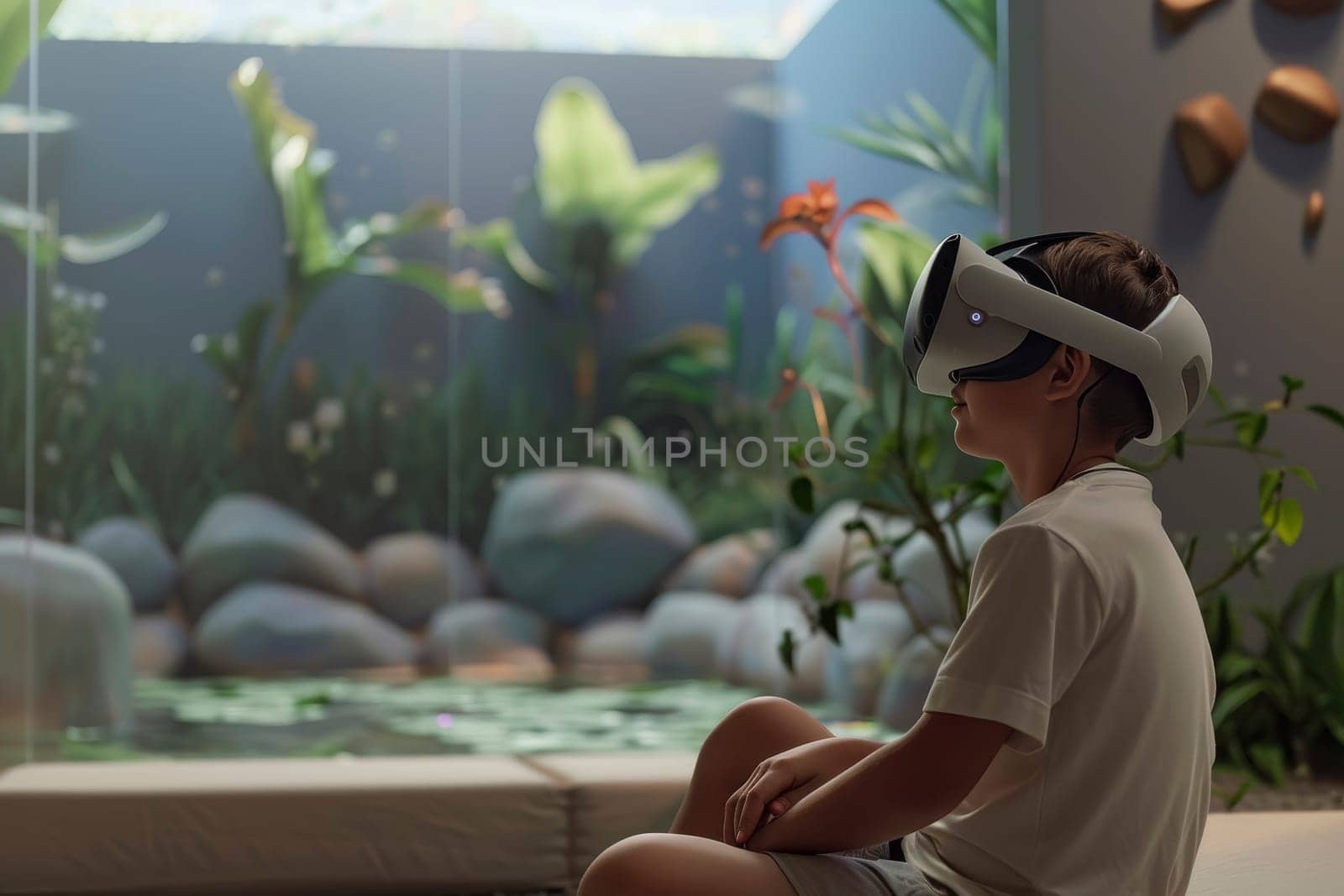 A child sits calmly, wearing a virtual reality headset, in a serene environment suggestive of a therapeutic session. The use of VR in therapy shows innovation in approaches to autism spectrum disorders