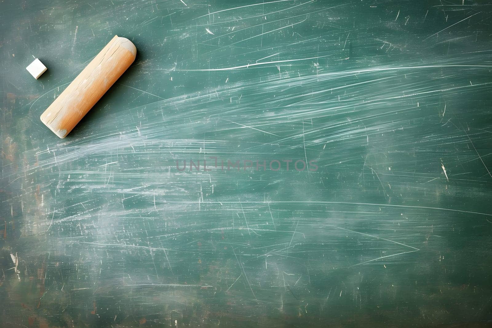 First-class, An empty green chalkboard with an eraser and white chalk, ready for Teacher's Day. Neural network generated image. Not based on any actual scene or pattern.