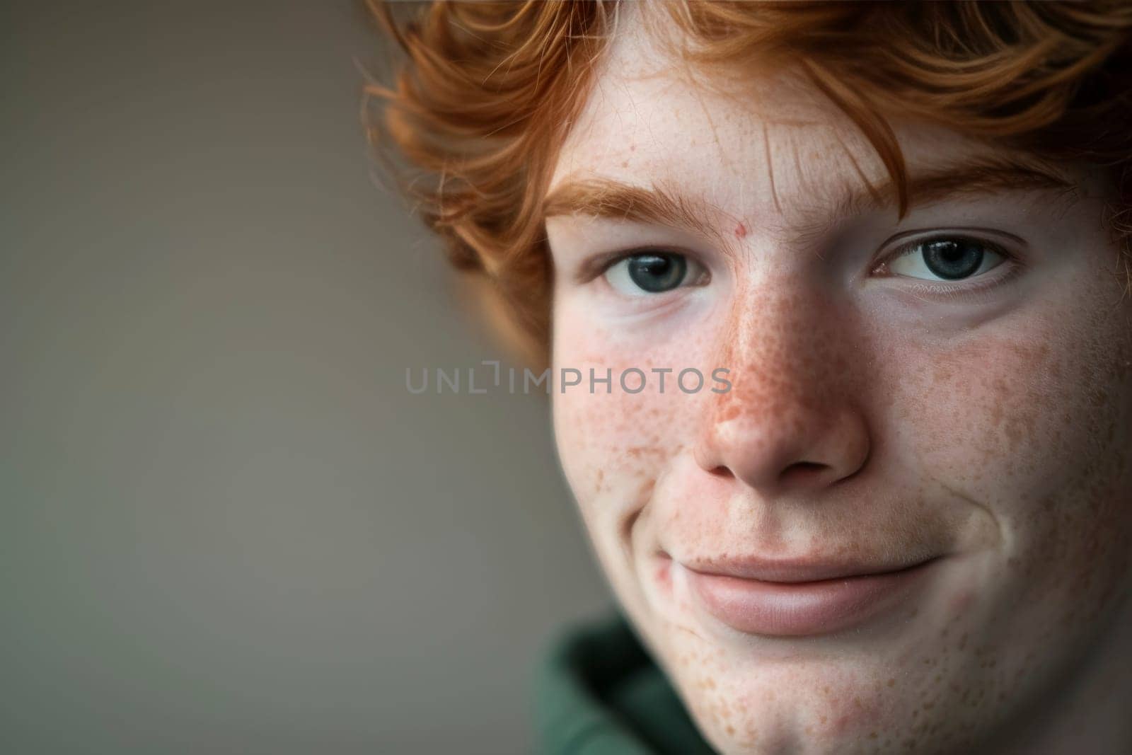 Close-up portrait of a smiling young person with red hair and freckles. The individual's clear blue eyes convey a sense of calm and happiness